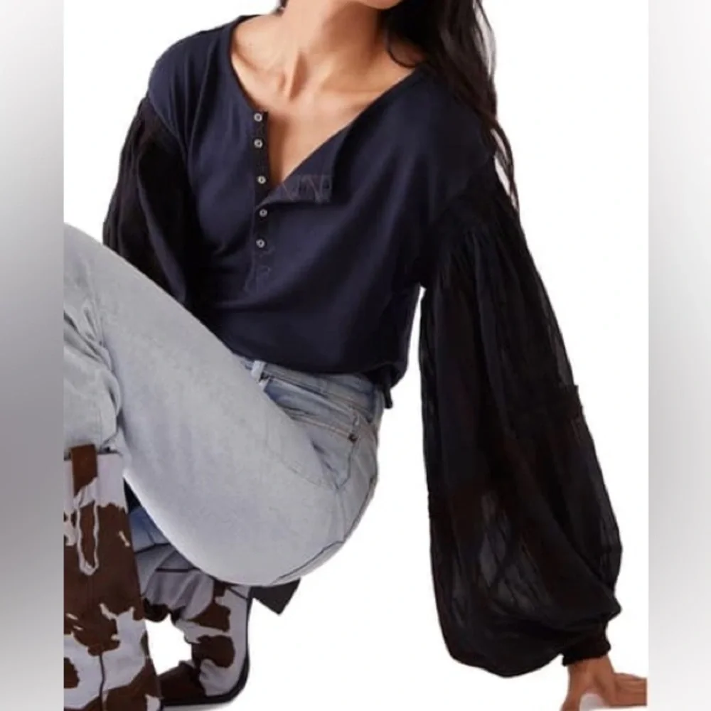Free People S Deepest Navy Boho Balloon Sleeves Smocked Light Magic Henley Shirt